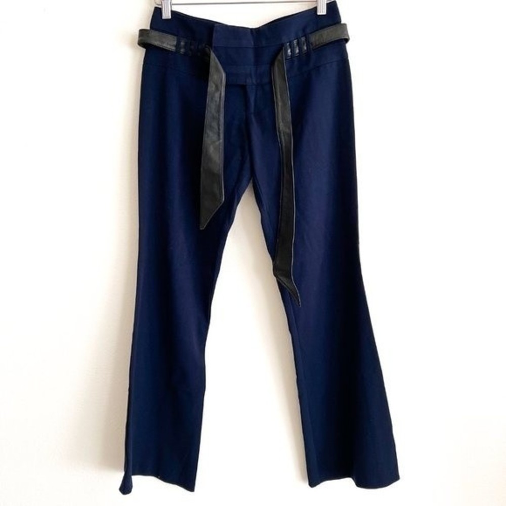 Black Halo Navy Wide Leg Lambskin Trim Belted Trouser (size 2)